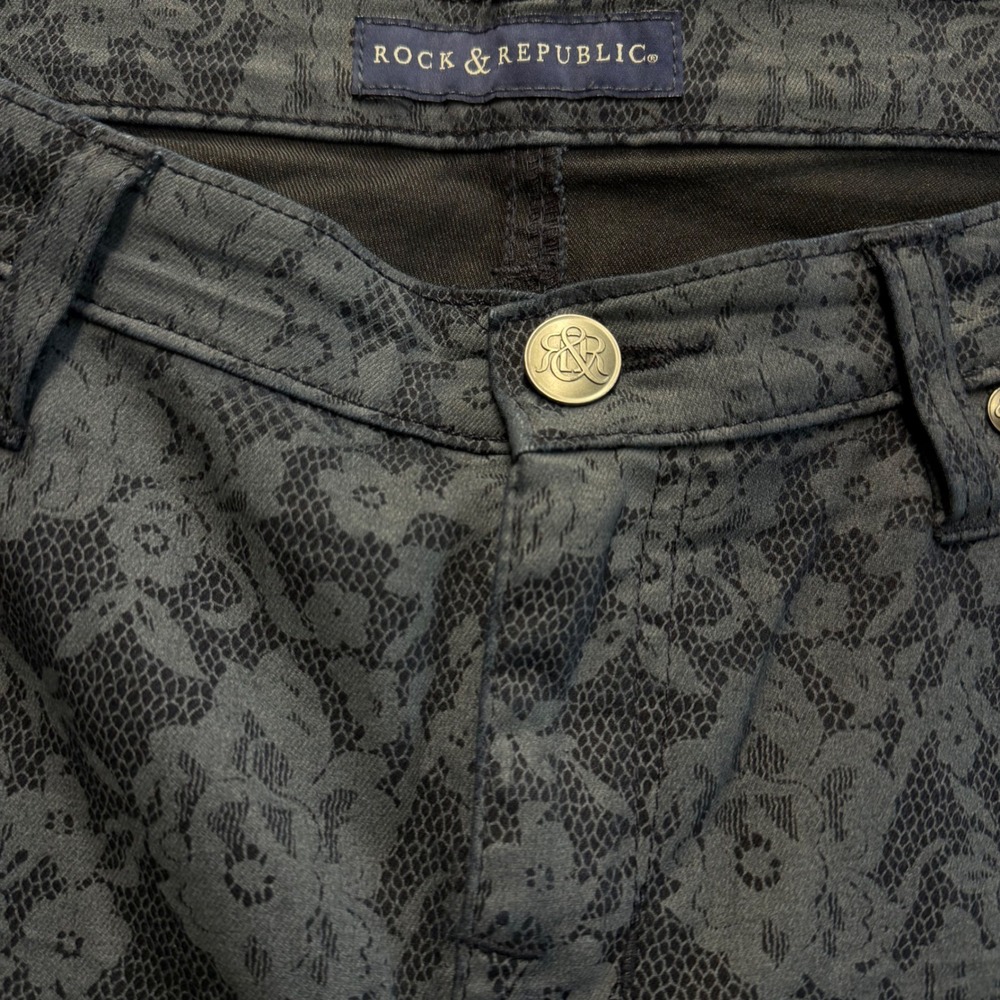 Rock & Republic Berlin Black Lace Print Straight Jeans Womens 16M #225 - Picture 3 of 5